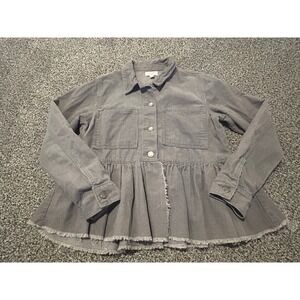 E25 Mud Pie Corduroy Peplum Shacket Grey Button Down Frayed Hem Size Small